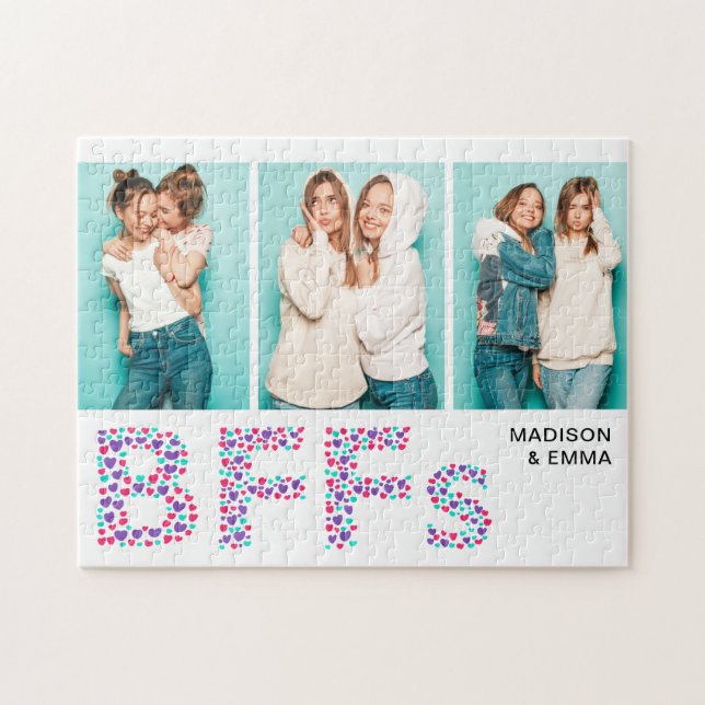 Quebra-cabeça BFFs Três Foto Personalizada Nome Girly Heart (Horizontal)