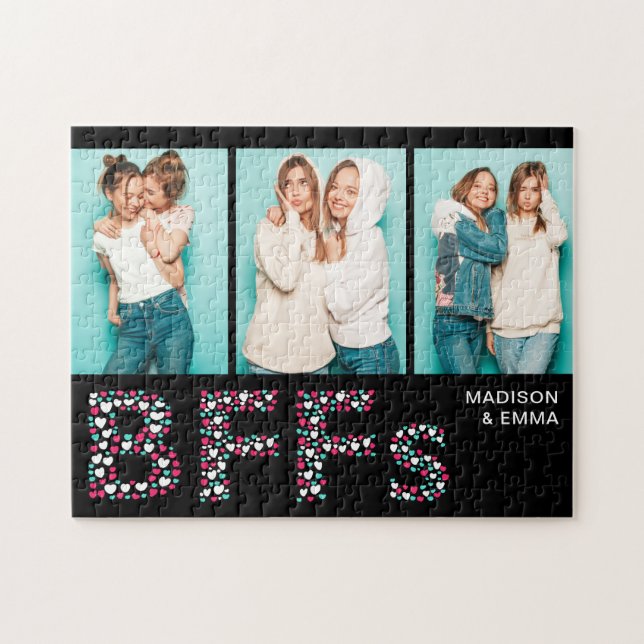 Quebra-cabeça BFFs Três Foto Personalizada Nome Girly Heart (Horizontal)