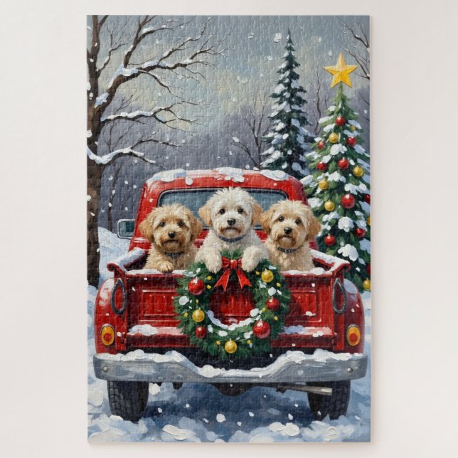 Quebra-cabeça Bichon Frise Christmas Red Truck Holiday (Vertical)