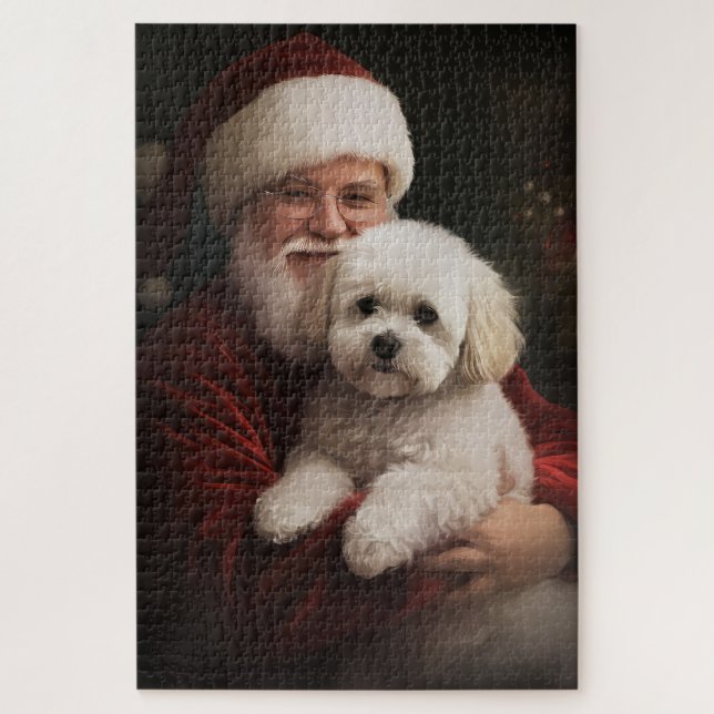 Quebra-cabeça Bichon Frise com Papai Noel Natal Festivo (Vertical)