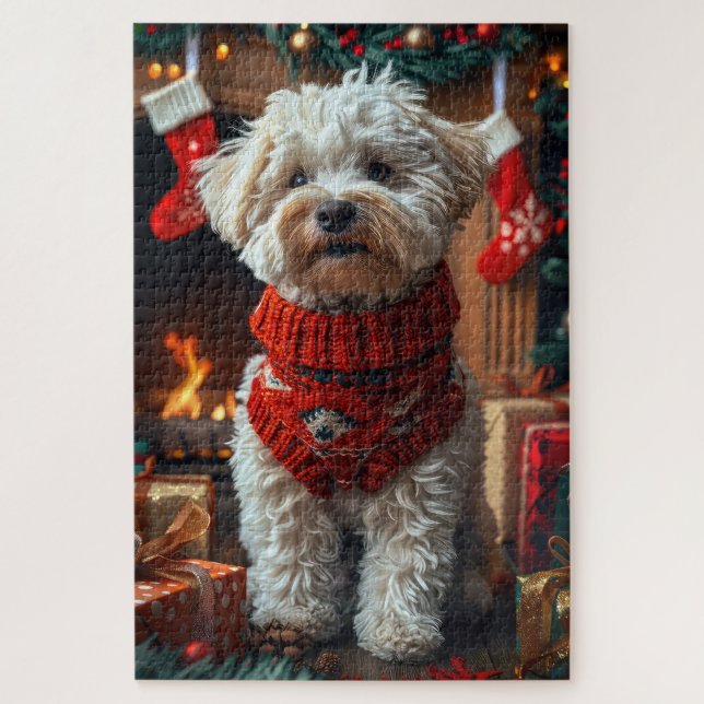Quebra-cabeça Bichon Frise Dog com Lareira de presentes de Natal (Vertical)