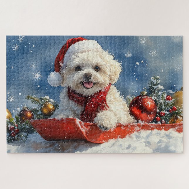 Quebra-cabeça Bichon Frise Dog Sledge Deixe-o nevar no Natal (Horizontal)
