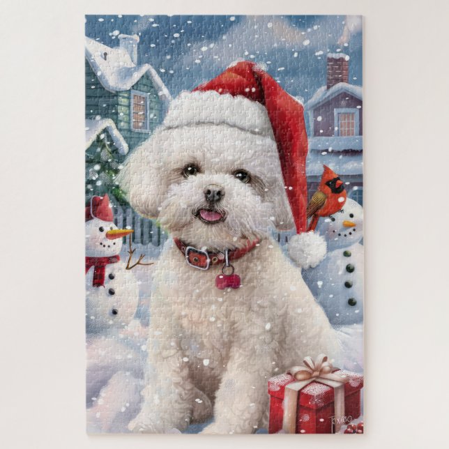 Quebra-cabeça Bichon Frise Dog Winter Wonderland Natal Joy (Vertical)