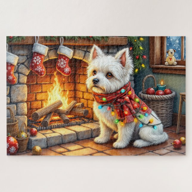 Quebra-cabeça Bichon Frise Lareira com Luzes de Natal (Horizontal)