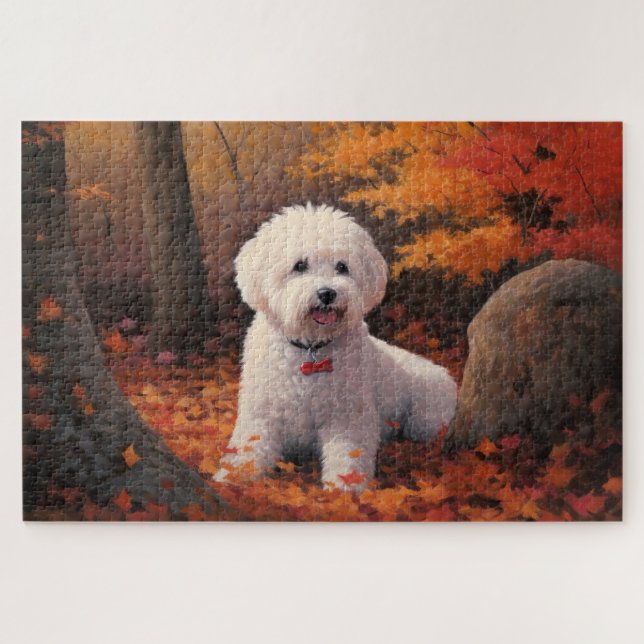Quebra-cabeça Bichon Frise nas Folhas do outono Cai Inspire (Horizontal)