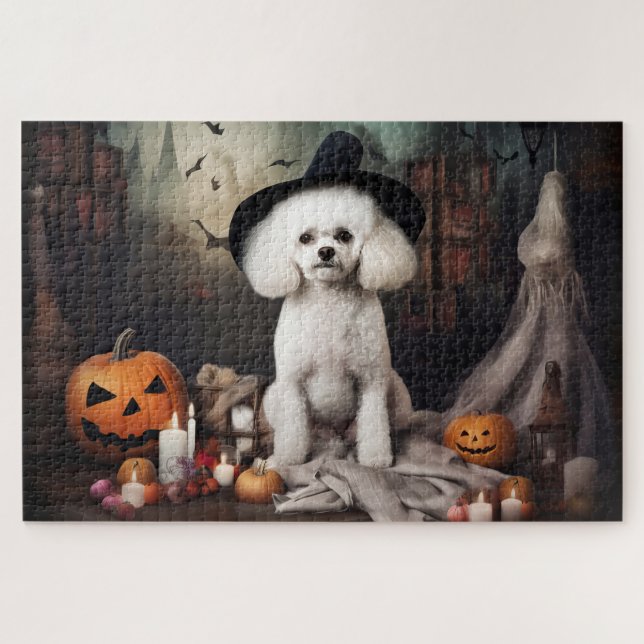 Quebra-cabeça Bichon Frise Pumpkins Halloween Scary (Horizontal)