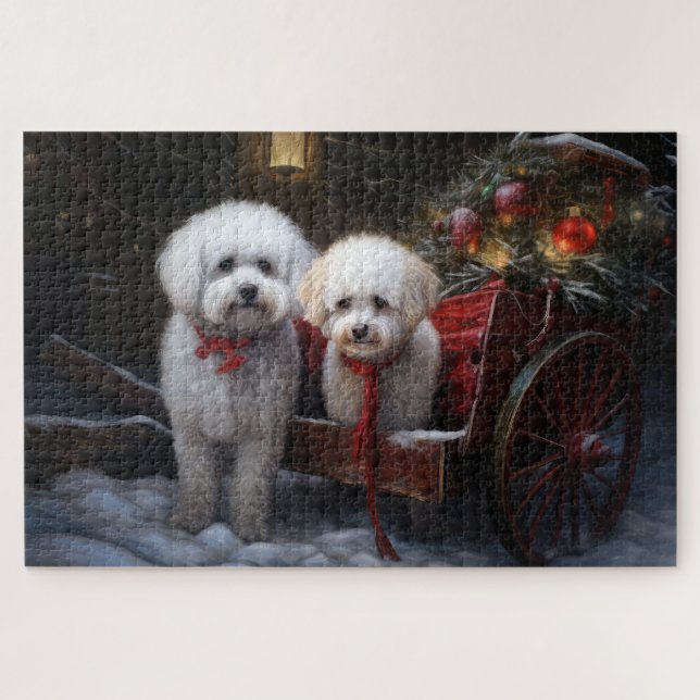 Quebra-cabeça Bichon Frise Snowy Sleigh Decoração de Natal (Horizontal)