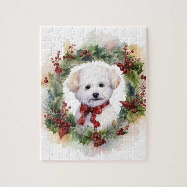 Quebra-cabeça Bichon Frise Wreath Festivo Pup (Vertical)