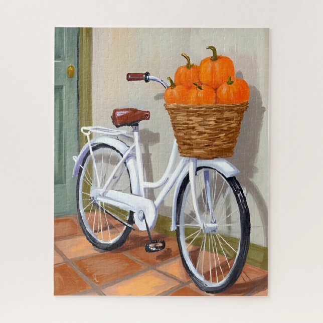 Quebra-cabeça Bicicleta de Cesta de Abóbora Aquarela de Outono (Vertical)