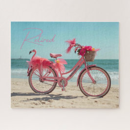 Quebra-cabeça Bicicleta Rosa de Flamingo Fofo Aposentada na Prai