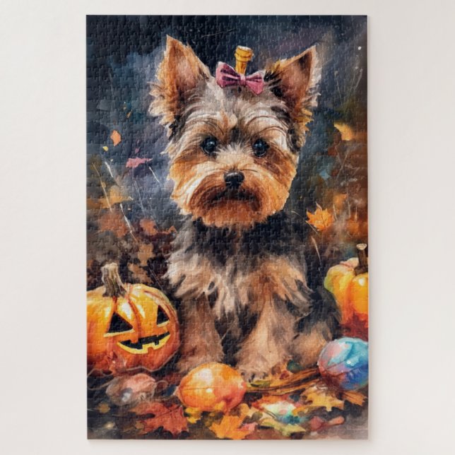 Quebra-cabeça Biewer Terrier de Halloween com Abóboras Assustado (Vertical)