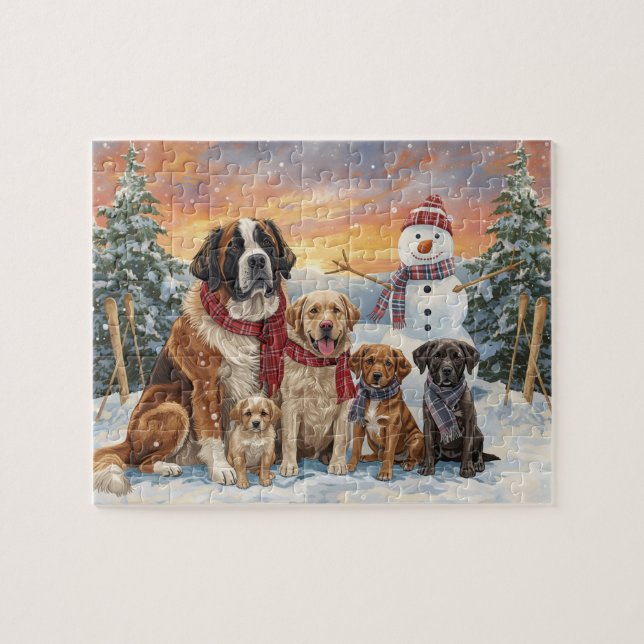 Quebra-cabeça Big Dogs Small Dogs Winter Snowman Art (Horizontal)