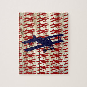 Quebra-cabeça Biplano do vintage nos presentes de madeira da