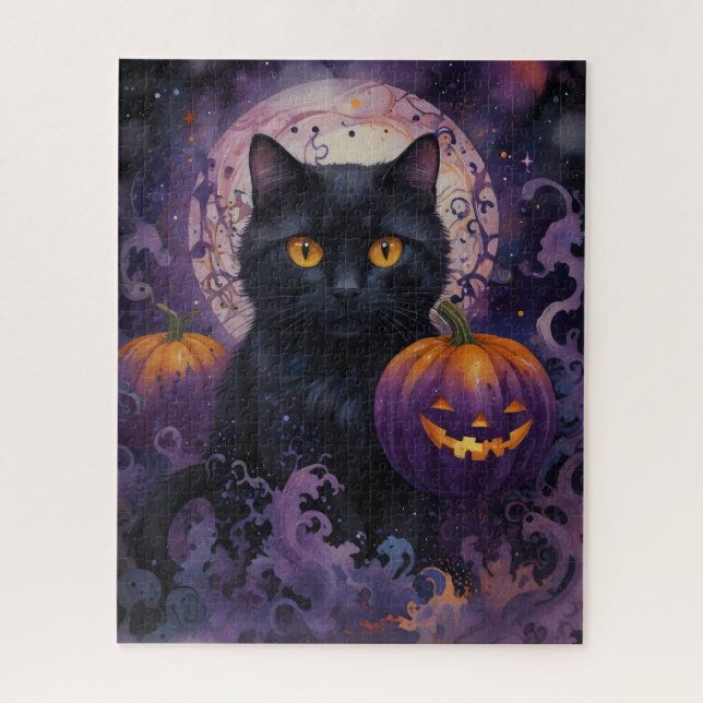 Quebra-cabeça Black Cat e Halloween Pumpkins na Lua (Vertical)