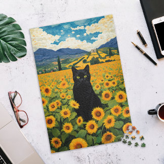 Quebra-cabeça Black Cat in Sunflower Field Jigsaw Puzzle