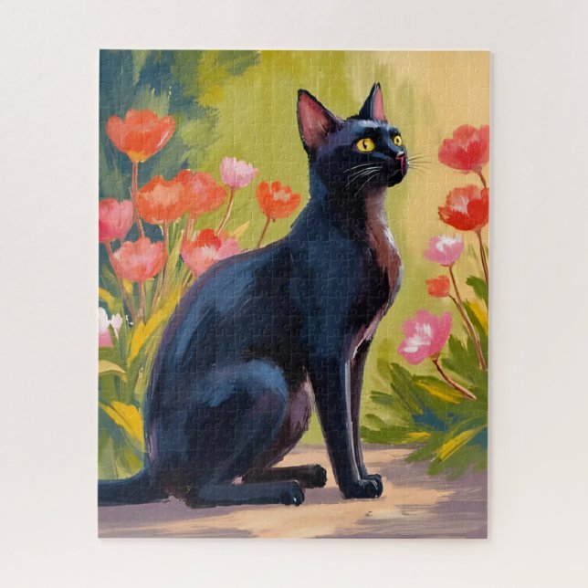Quebra-cabeça Black Cat | Kitten Pet Watercolor Flowers Painted (Vertical)