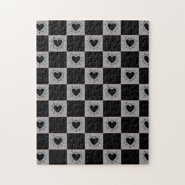 Quebra-cabeça Black&Gray Checkered Tile With Hearts Pattern (Vertical)