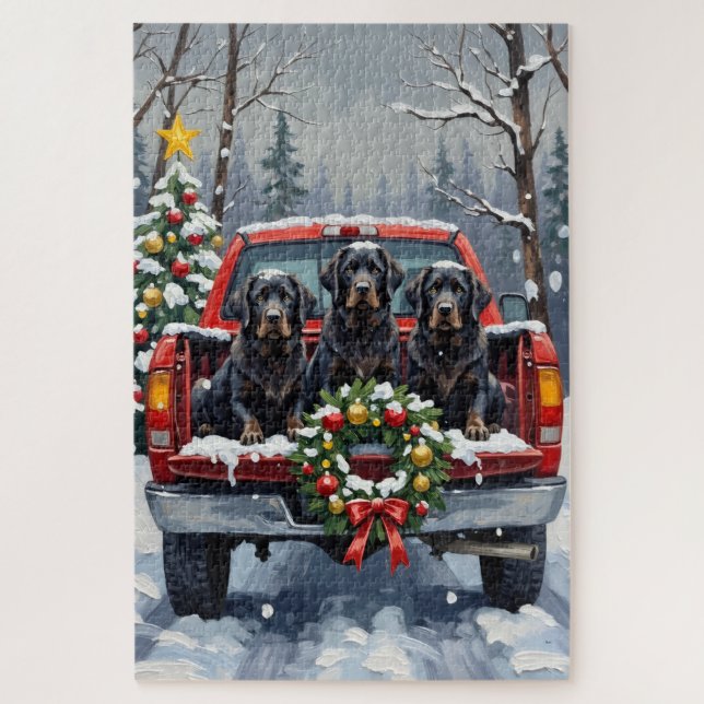 Quebra-cabeça Black Newfoundland Christmas Red Truck Holiday (Vertical)