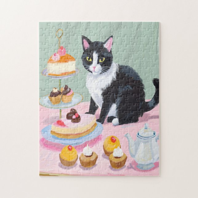 Quebra-cabeça Black & White Cat, Tea and Pastries Jigsaw Puzzle (Vertical)