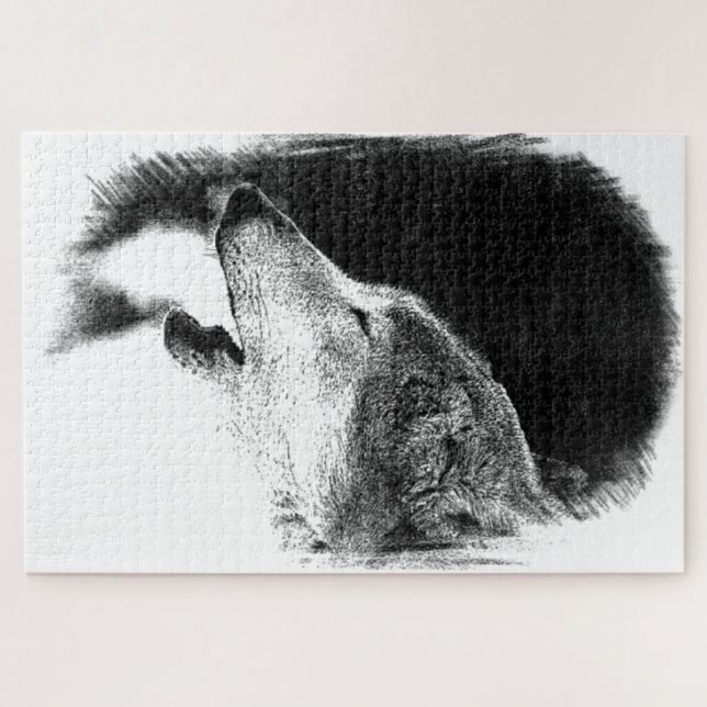Quebra-cabeça Black & White Grey Wolf Sketch Artwork Animal Art (Horizontal)