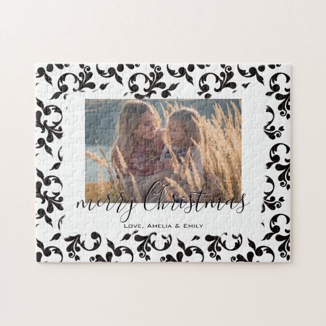 Quebra-cabeça Black White Rococo Merry Christmas Script Photo (Horizontal)