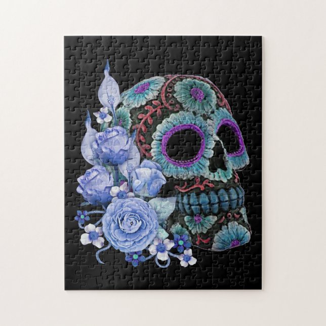 Quebra-cabeça Blue Floral Black Sugar Skull Day Of The Dead (Vertical)