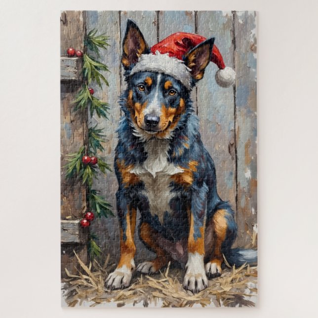 Quebra-cabeça Blue Heeler Alertly Guarding Christmas Hay Hat (Vertical)