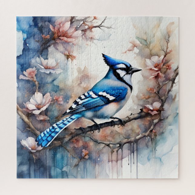 Quebra-cabeça Blue Jay Cherry Blossoms aquarela (Vertical)