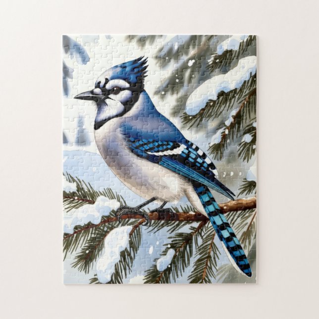 Quebra-cabeça Blue Jay in Snowy Pines Watercolor Winter (Vertical)