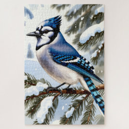 Quebra-cabeça Blue Jay in Snowy Pines Watercolor Winter