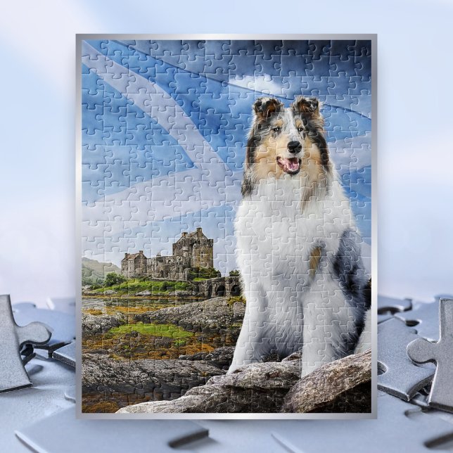 Quebra-cabeça Blue Merle Collie, Eilean Donan e Scotland Flag - (Criador carregado)