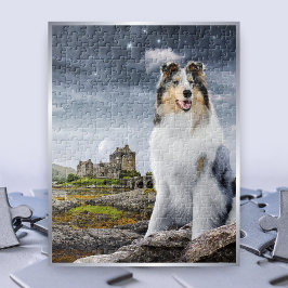 Quebra-cabeça Blue Merle Rough Collie no Castelo Eilean Donan -