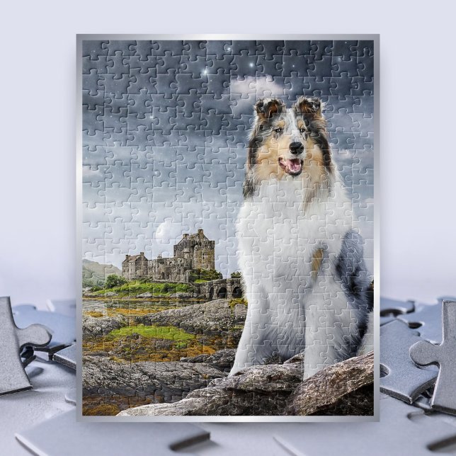 Quebra-cabeça Blue Merle Rough Collie no Castelo Eilean Donan - (Criador carregado)