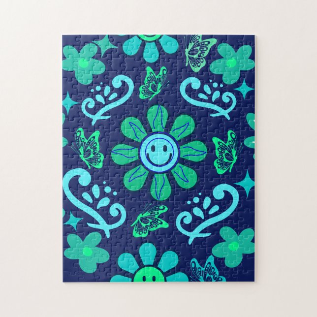 Quebra-cabeça Blue Retro Style Floral and Sun Symbol Pattern (Vertical)