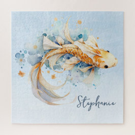 Quebra-cabeça Blue Watercolor Dourado Peixe Koi Personalizado