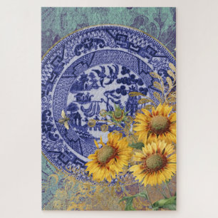 Quebra-cabeça Blue Willow China Plate e Sunflower Design