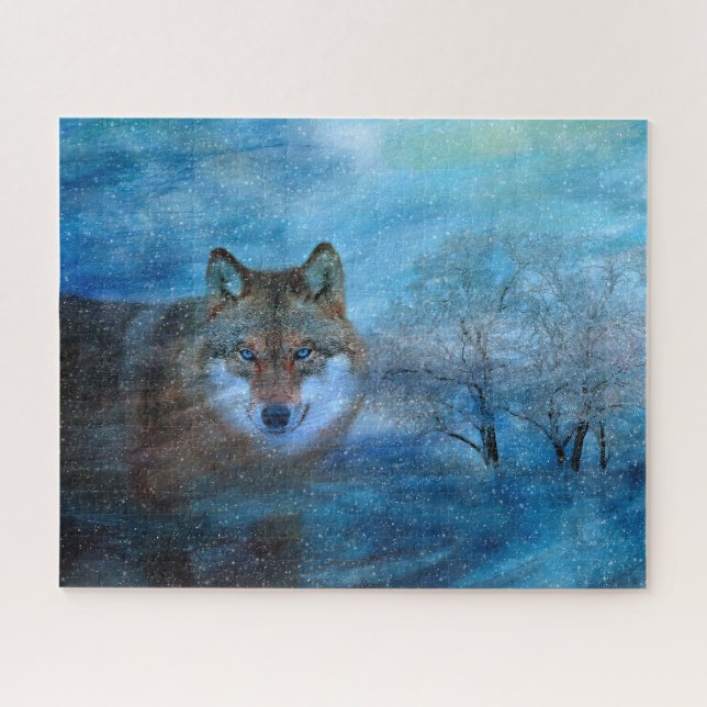 Quebra-cabeça Blue Wolf Winter Forest Wildlife Painting (Horizontal)