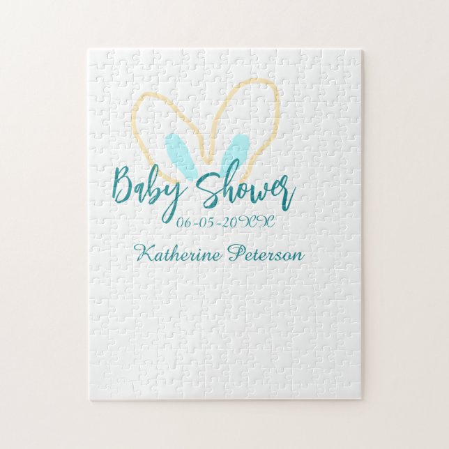 Quebra-cabeça Blue yellow baby shower name date animal ear cute  (Vertical)