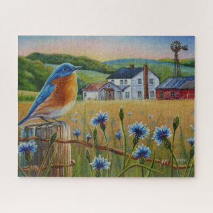 Quebra-cabeça Bluebird Cornflower Summer Fazenda Watercolor Art