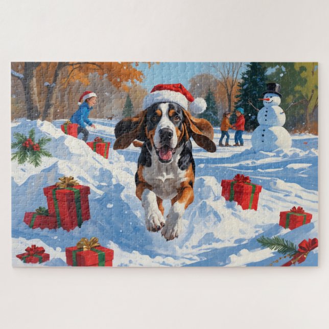 Quebra-cabeça Bluetick Coonhound Cena de Neve Festiva de Natal (Horizontal)