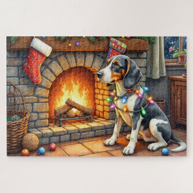 Quebra-cabeça Bluetick Coonhound Lareira com Luzes de Natal (Horizontal)