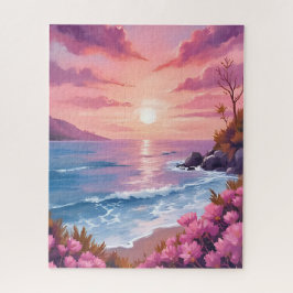 Quebra-cabeça Blush Beach Bay | Ocean Sunset Pink Watercolor