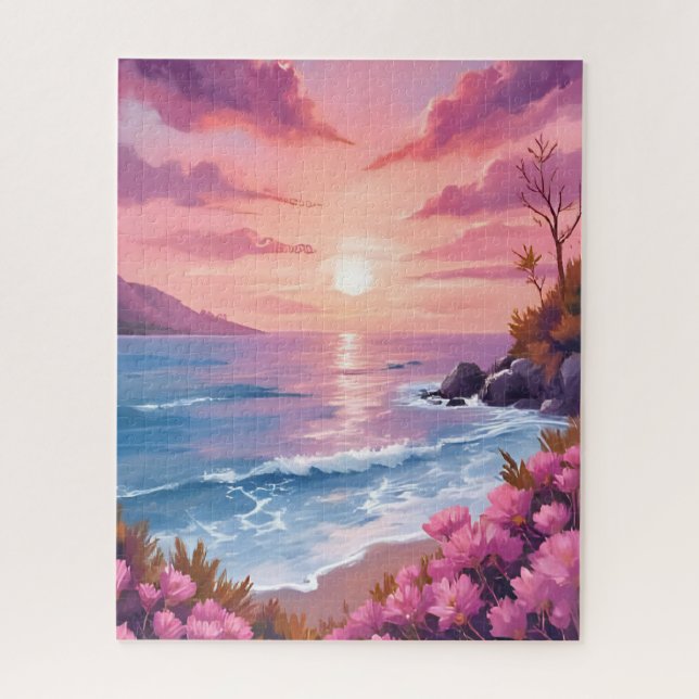 Quebra-cabeça Blush Beach Bay | Ocean Sunset Pink Watercolor (Vertical)
