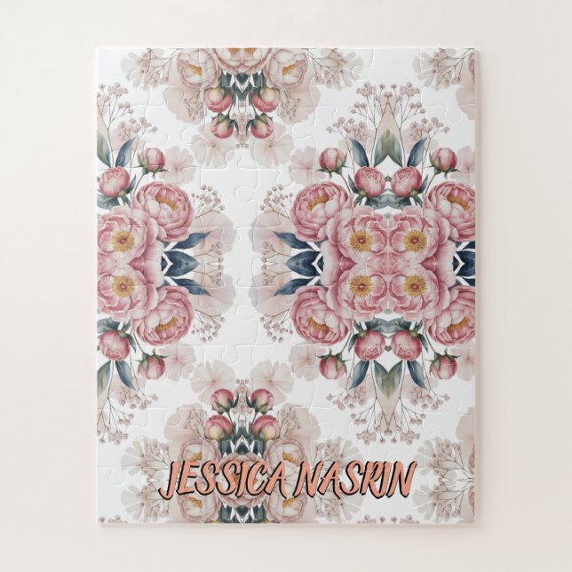 Quebra-cabeça Blush Navy Blue Soft Pastel Pink Floral (Vertical)