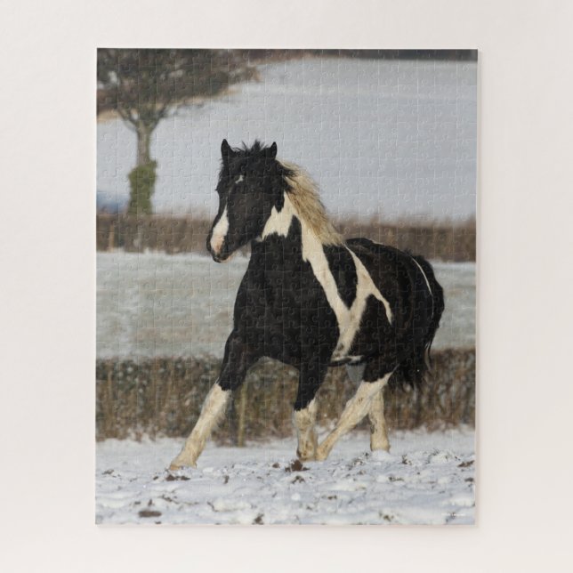 Quebra-cabeça Bob Langrish Black e White Welsh Cob na Neve (Vertical)