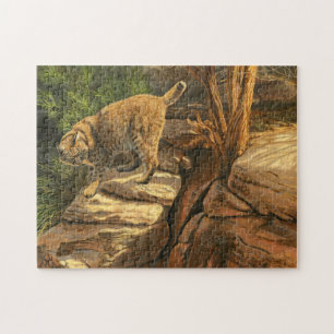 Quebra-cabeça Bobcat Caça Entre As Rochas, Pintura Em Acrílico