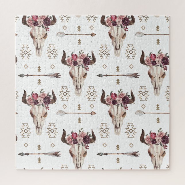 Quebra-cabeça Boho aquarela: setas, padrão do crânio. (Vertical)