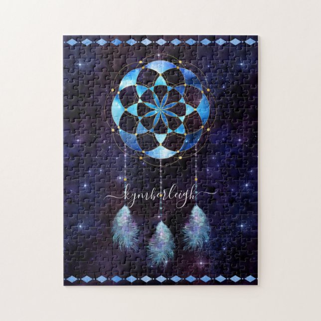 Quebra-cabeça Boho Cosmmic Blue Space Mandala Dreamcatcher Nome (Vertical)