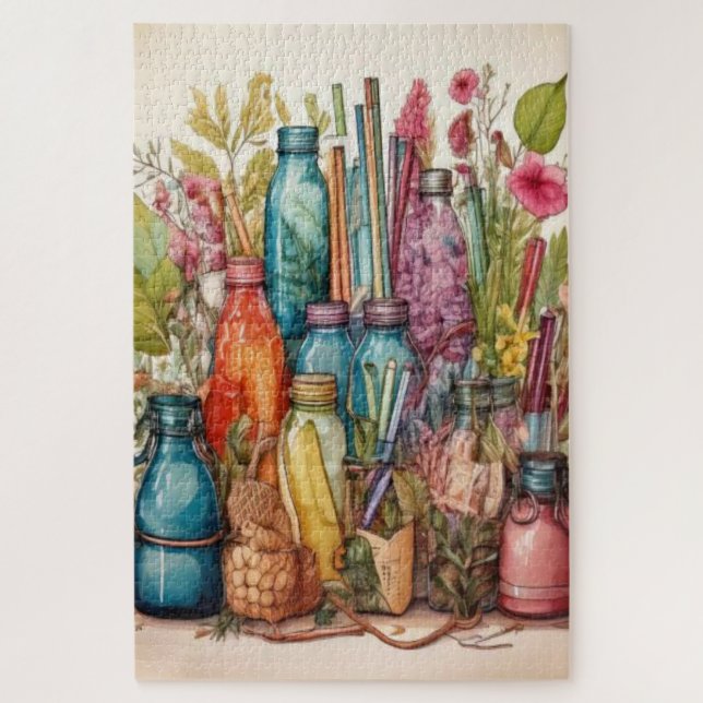 Quebra-cabeça Boho Garrafas de Aquarela Botânica Jigsaw Puzzle (Vertical)