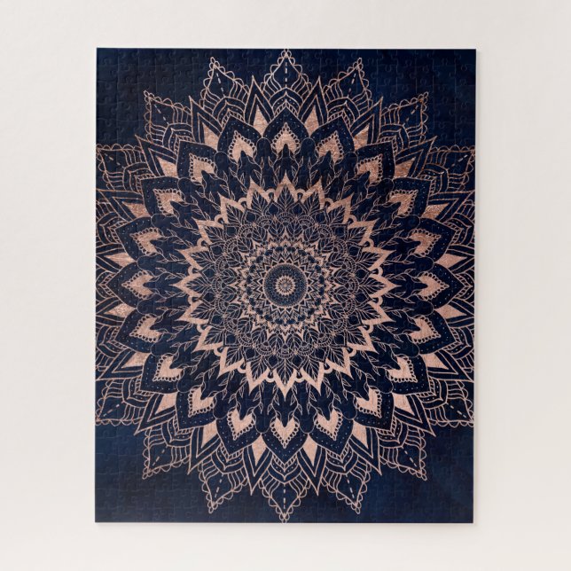 Quebra-cabeça Boho rosa gold floral mandala marinho azul-aquarel (Vertical)